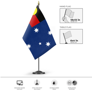 A mockup of the custom flag 'Australia flag with Aboriginal Flag Canton' as a desk flag and small hand waving flag