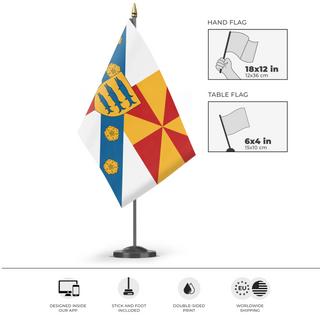 A mockup of the custom flag 'custom flag' as a desk flag and small hand waving flag