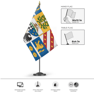 A mockup of the custom flag 'custom flag' as a desk flag and small hand waving flag