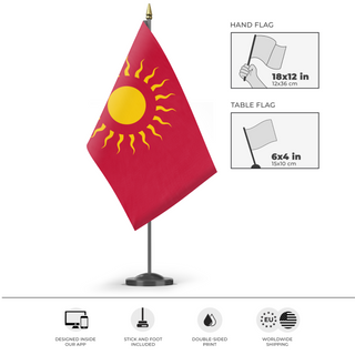 A mockup of the custom flag 'custom flag' as a desk flag and small hand waving flag