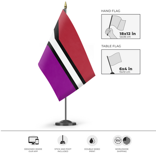 A mockup of the custom flag 'custom flag' as a desk flag and small hand waving flag