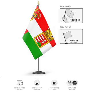 A mockup of the custom flag 'Austria Hungary flag' as a desk flag and small hand waving flag