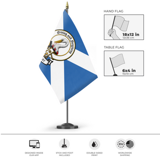 A mockup of the custom flag 'Biggar Crest flag' as a desk flag and small hand waving flag