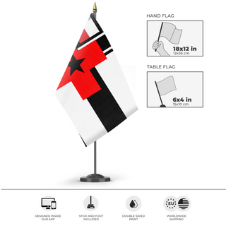 A mockup of the custom flag 'plus flag' as a desk flag and small hand waving flag