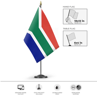 A mockup of the custom flag 'Flag of South Africa' as a desk flag and small hand waving flag