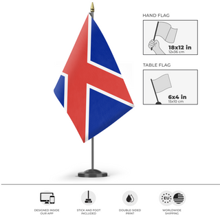 A mockup of the custom flag '1856 South African Republic flag' as a desk flag and small hand waving flag
