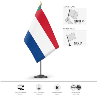 A mockup of the custom flag 'Transvaal Vierkleur flag' as a desk flag and small hand waving flag