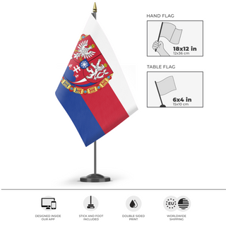 A mockup of the custom flag 'Modern Zapadoslavia flag' as a desk flag and small hand waving flag