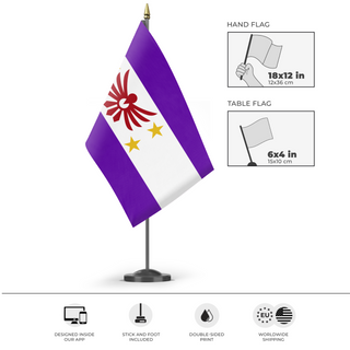A mockup of the custom flag 'PAETHEO KINGDOM flag' as a desk flag and small hand waving flag