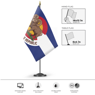 A mockup of the custom flag 'New Colorado Republic flag' as a desk flag and small hand waving flag