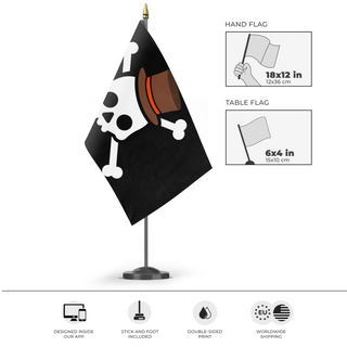 A mockup of the custom flag 'Gen Z Jolly Roger Protest flag' as a desk flag and small hand waving flag