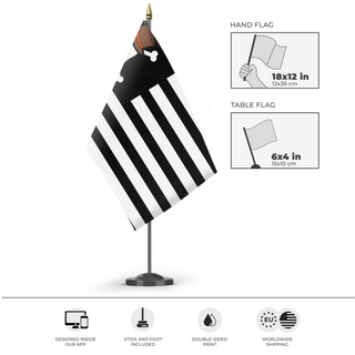 A mockup of the custom flag 'Gen Z Jolly Roger American flag' as a desk flag and small hand waving flag