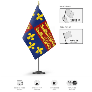 A mockup of the custom flag 'English Royal Standard flag' as a desk flag and small hand waving flag