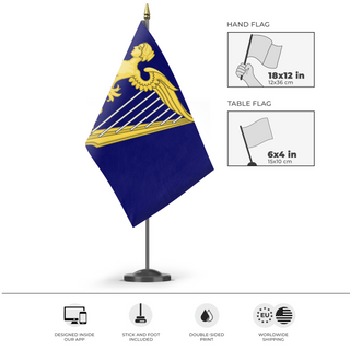 A mockup of the custom flag 'Royal Standard of Ireland 1542 to 1801 flag' as a desk flag and small hand waving flag