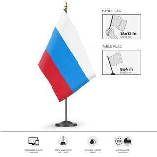 A mockup of the custom flag '1991-1993 Russia flag' as a desk flag and small hand waving flag