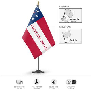 A mockup of the custom flag '1st Cherokee Mounted Rifles Flag' as a desk flag and small hand waving flag