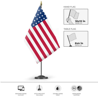 A mockup of the custom flag '48-Star Flag' as a desk flag and small hand waving flag