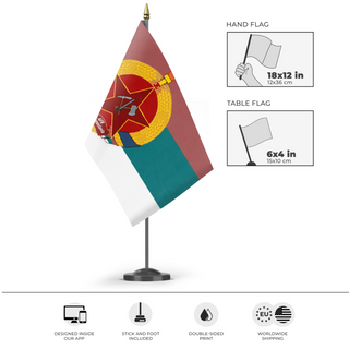 A mockup of the custom flag 'AFR Druznoslavia flag' as a desk flag and small hand waving flag