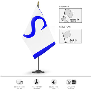 A mockup of the custom flag 'A. D. Stathatos flag' as a desk flag and small hand waving flag