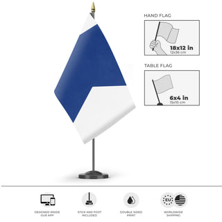 A mockup of the custom flag 'A flag' as a desk flag and small hand waving flag