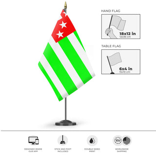A mockup of the custom flag 'Abkhazia flag' as a desk flag and small hand waving flag