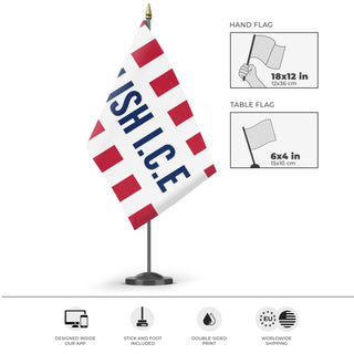 A mockup of the custom flag 'Abolish I.C.E flag' as a desk flag and small hand waving flag