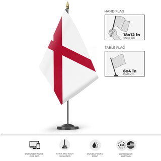 A mockup of the custom flag 'Alabama State Flag' as a desk flag and small hand waving flag
