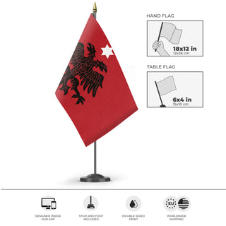 A mockup of the custom flag 'Albanian Provisional Government Flag' as a desk flag and small hand waving flag