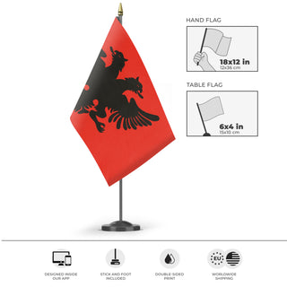 A mockup of the custom flag 'Albanian Provisional Government flag' as a desk flag and small hand waving flag