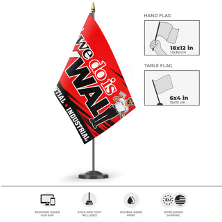 A mockup of the custom flag 'All We Do is Drywall Red flag' as a desk flag and small hand waving flag
