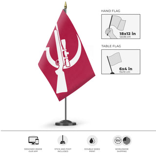 A mockup of the custom flag 'American Revolutionary Insurgent Army flag' as a desk flag and small hand waving flag