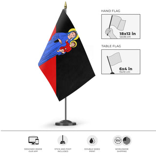 A mockup of the custom flag 'Anarchist Christian flag' as a desk flag and small hand waving flag