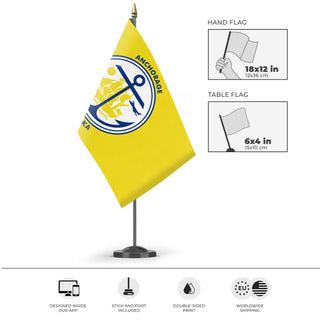 A mockup of the custom flag 'Anchorage Flag' as a desk flag and small hand waving flag