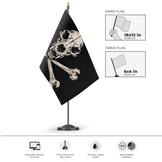 A mockup of the custom flag 'Animal Skull flag' as a desk flag and small hand waving flag