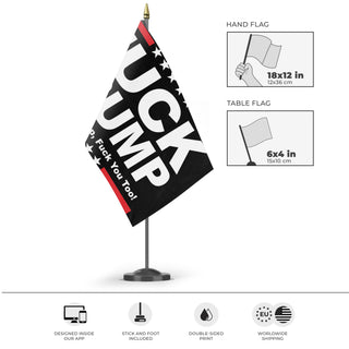 A mockup of the custom flag 'Anti-Trump flag' as a desk flag and small hand waving flag