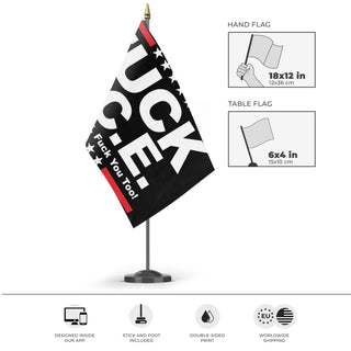 A mockup of the custom flag 'Anti ICE flag' as a desk flag and small hand waving flag