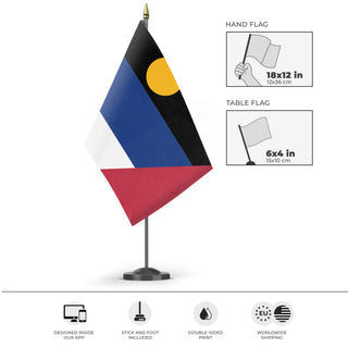 A mockup of the custom flag 'Antigua and Barbuda flag' as a desk flag and small hand waving flag