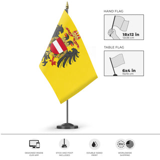 A mockup of the custom flag 'Archduchy Of Austria  flag' as a desk flag and small hand waving flag