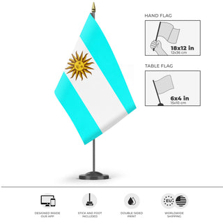 A mockup of the custom flag 'Argentina flag' as a desk flag and small hand waving flag