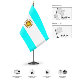 A mockup of the custom flag 'Argentina flag' as a desk flag and small hand waving flag