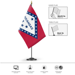 A mockup of the custom flag 'Arkansas State Flag' as a desk flag and small hand waving flag