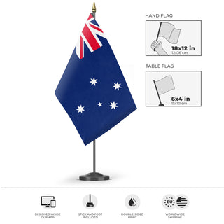 A mockup of the custom flag 'Australia flag' as a desk flag and small hand waving flag