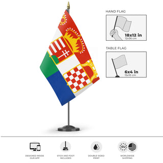 A mockup of the custom flag 'Austria Hungary Croatia Triarchy  flag' as a desk flag and small hand waving flag