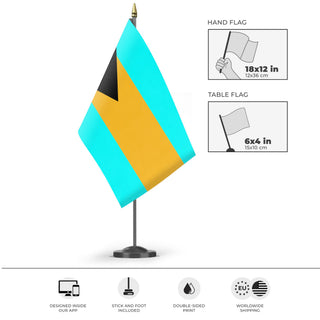 A mockup of the custom flag 'Bahamas flag' as a desk flag and small hand waving flag