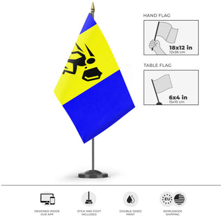 A mockup of the custom flag 'Barbados flag' as a desk flag and small hand waving flag