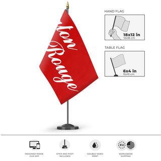 A mockup of the custom flag 'Baton Rouge City Flag' as a desk flag and small hand waving flag