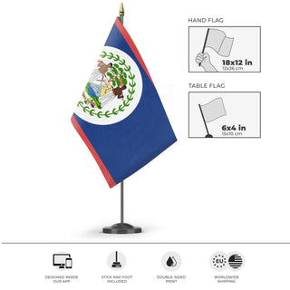 A mockup of the custom flag 'Belice flag' as a desk flag and small hand waving flag