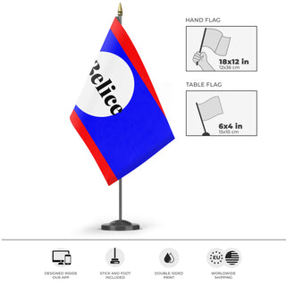 A mockup of the custom flag 'Belize flag' as a desk flag and small hand waving flag