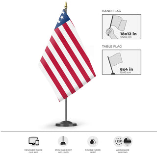 A mockup of the custom flag 'Betsy Ross Flag' as a desk flag and small hand waving flag