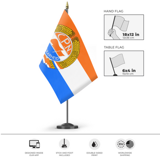 A mockup of the custom flag 'CPN Prince Flag' as a desk flag and small hand waving flag